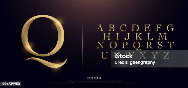 Set Of Elegant Gold Colored Metal Chrome Uppercase Alphabet Font Typography Classic Style Golden Font Set For Logo Poster Invitation Vector Illustration Stock Illustration - Download Image Now