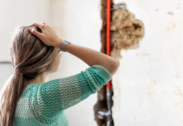 Photo of Woman looking at damage after a water pipe leak