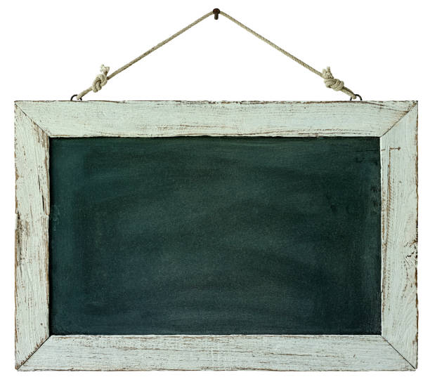 istock An old white wooden framed blackboard hangs from a rusty nail, isolated on white, clipping path included. 994276886