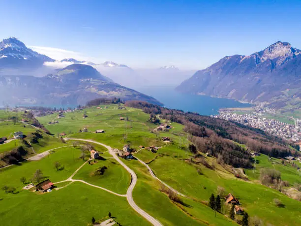 aerial view on lake and mountains, switzerland drone
