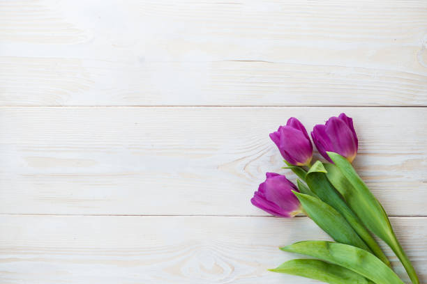 istock Colorful tulips on wooden table. Top view, copy space 994281004