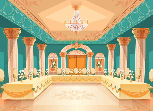 vektor-halle für bankett, interieur des ballsaals - domestic room palace chandelier nobility stock-grafiken, -clipart, -cartoons und -symbole