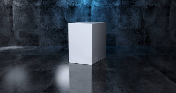 istock Abstract Geometric Simple Primitive Shape White Rectangle In Realistic Dark Concrete Room Texture With Blue Light 3D Rendering 994288292