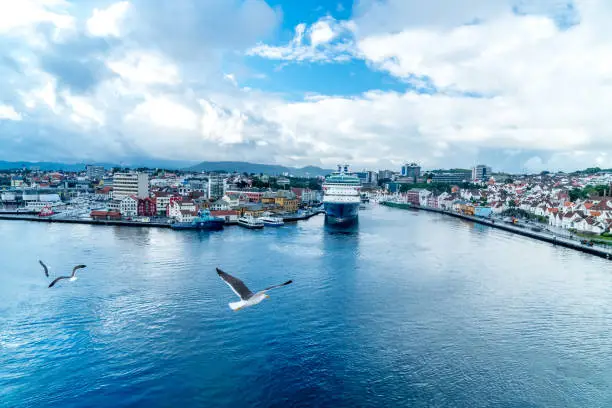 city of stavanger from a cruiseship with seagull cloudy
