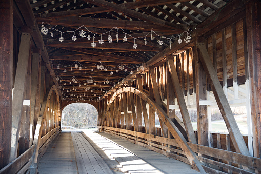 American Covered Wood Bridge on a Sunny Winter Day