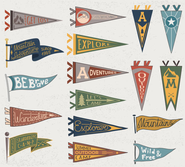 Set of adventure, outdoors, camping colorful pennants. Retro labels on textured background. Hand drawn wanderlust style. Pennant travel flags design Set of adventure, outdoors, camping colorful pennants. Retro labels on textured background. Hand drawn wanderlust style. Pennant travel flags design. Vector illustration. pendant stock illustrations