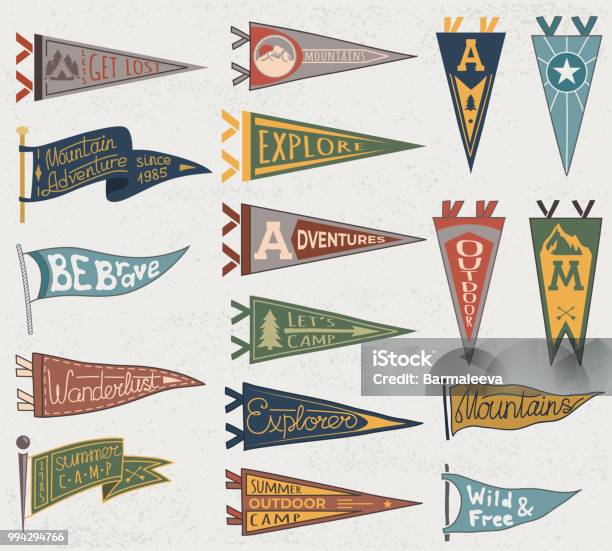 Set Of Adventure Outdoors Camping Colorful Pennants Retro Labels On Textured Background Hand Drawn Wanderlust Style Pennant Travel Flags Design Stock Illustration - Download Image Now