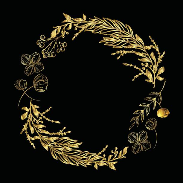 istock Doodle leaf, flowers and berry circle frame on a black background. Golden wreath of leaves. Ready template for design, postcards, printing. 994314548