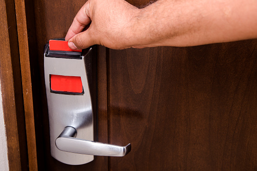 Opening the door of the hotel with a card