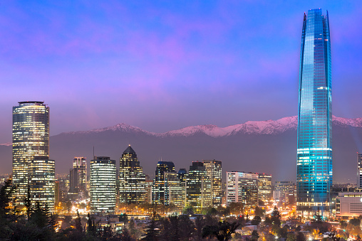 Financial district skyline with Los Andes Mountains in the back, Las Condes, Santiago de Chile