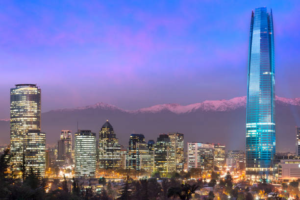 Financial district skyline with Los Andes Mountains in the back in Santiago Financial district skyline with Los Andes Mountains in the back, Las Condes, Santiago de Chile sanhattan stock pictures, royalty-free photos & images