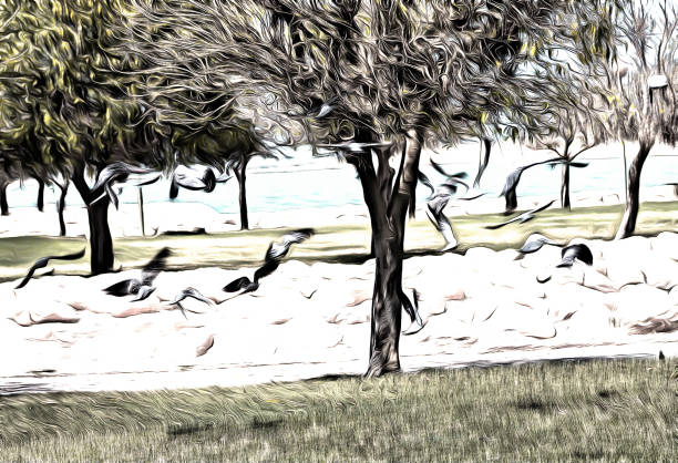 An Illustration of pigeons group flying under trees.