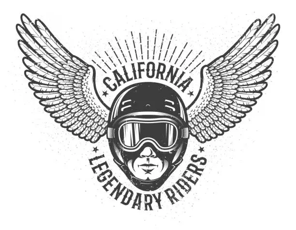 Vector illustration of Head of the rider in helmet and sports goggles with wings