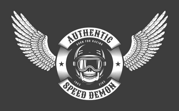 Skull in helmet and glasses with circular ribbon and wings Skull in helmet and glasses with circular ribbon and wings on dark background - retro emblems. helicopter seat stock illustrations