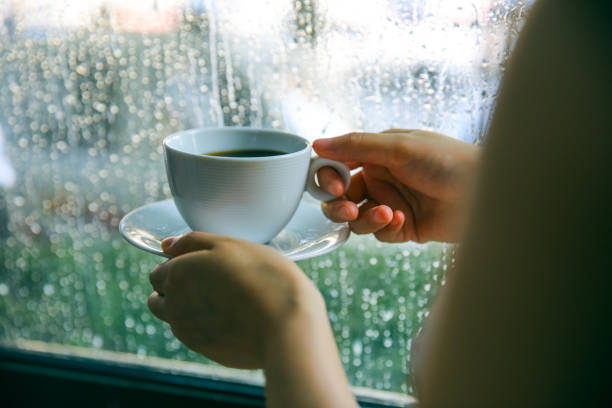 istock Woman drinking coffee by window on rainy day 994367032