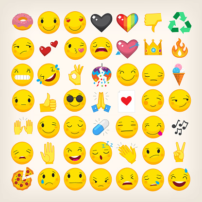 Set of most popular emoticons. Flat vector hand drawn emojis with simple colors. Isolated line art icons. Part 3