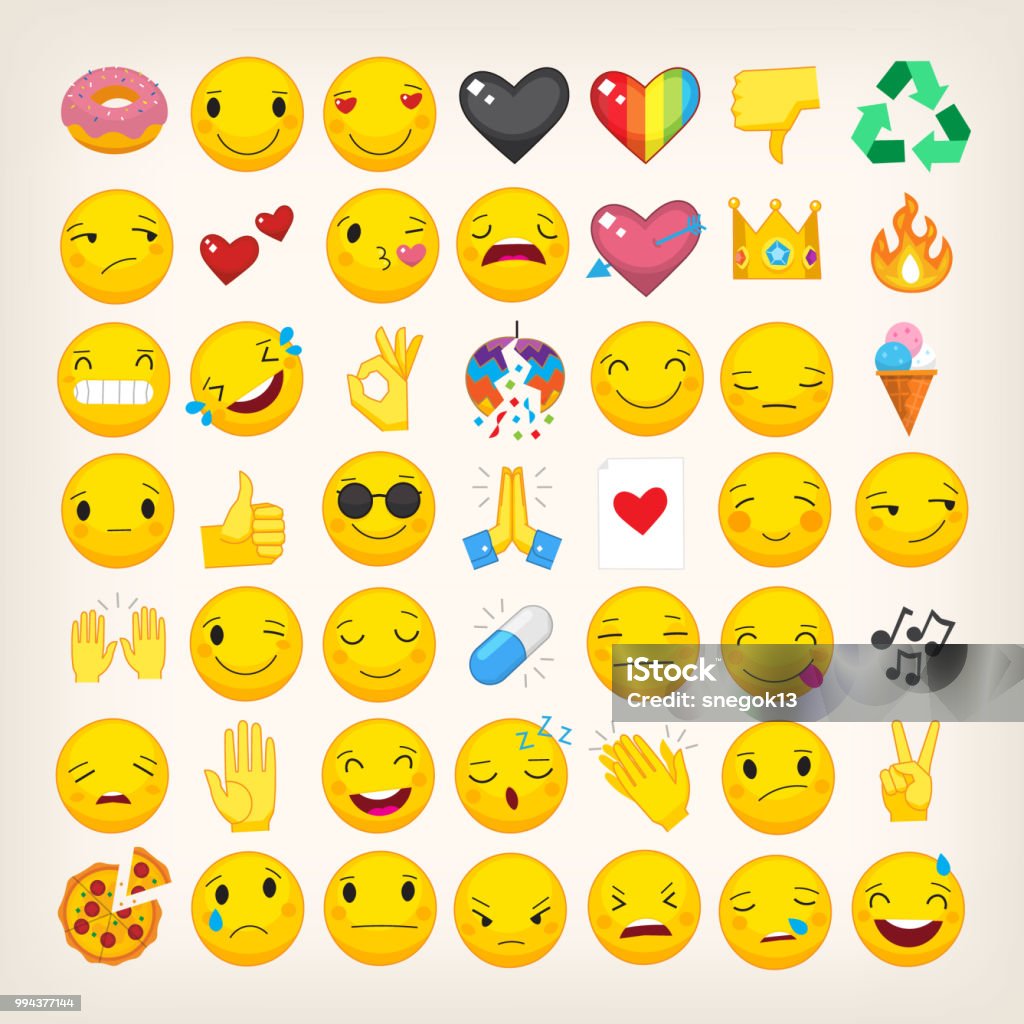 Set of most popular emoticons. Flat vector hand drawn emojis Set of most popular emoticons. Flat vector hand drawn emojis with simple colors. Isolated line art icons. Part 3 Emoticon stock vector