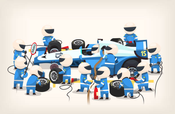 Colorful image with pit stop workers Colorful image with pit stop workers and engineers wearing blue uniform maintaining technical service for a racing car during competition event. Vector illustration pitstop stock illustrations