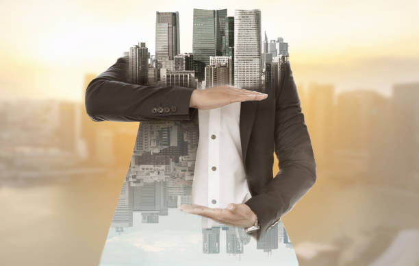 istock Surreal businessman open hand for your text. 994383312