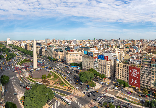 Buenos Aires, Argentina - May 15, 2018: Aerial view of Buenos Aires and 9 de julio avenue - Buenos Aires, Argentina
