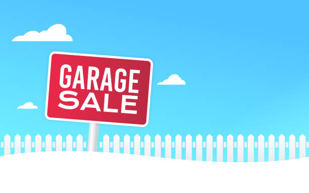 garage sale yard sign - urban scene small city banner stock-grafiken, -clipart, -cartoons und -symbole