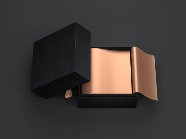 istock Opened Square Black Gift Box Mockup with golden wrapping paper, top view 994393932