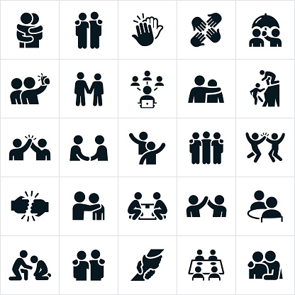 An icon set of friends showing forth friendship and camaraderie between one another. They include hugs, arms around shoulders, high fives, selfies, holding hands, social network, assistance, handshake, waving, fist bump, eating out together, lifting up and support to name a few.