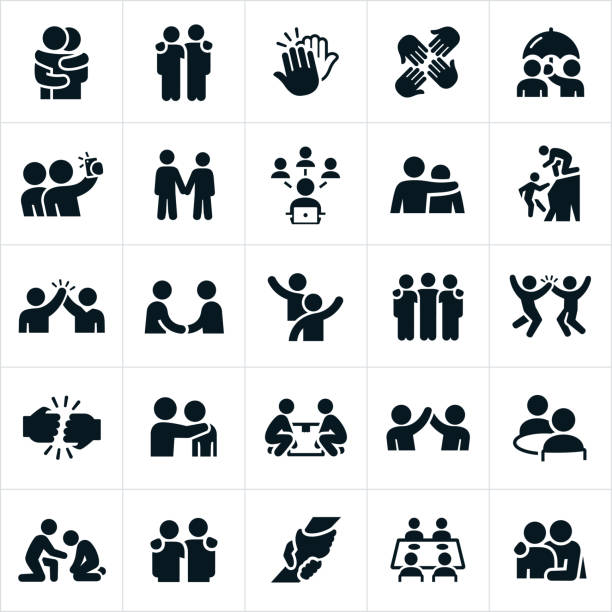 Friendship Icons An icon set of friends showing forth friendship and camaraderie between one another. They include hugs, arms around shoulders, high fives, selfies, holding hands, social network, assistance, handshake, waving, fist bump, eating out together, lifting up and support to name a few. happiness symbols stock illustrations