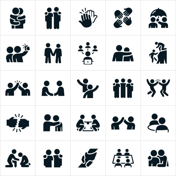 Friendship Icons An icon set of friends showing forth friendship and camaraderie between one another. They include hugs, arms around shoulders, high fives, selfies, holding hands, social network, assistance, handshake, waving, fist bump, eating out together, lifting up and support to name a few. bonding stock illustrations