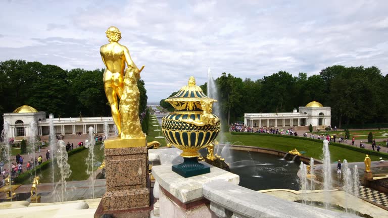 Fountains, sculpture and vase at the Grand Palace park Peterhof, Saint Petersburg, Russia