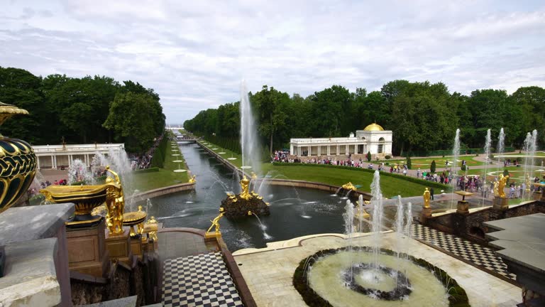 Tracking shot showing vase at the Grand Palace park Peterhof, Saint Petersburg, Russia