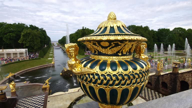 Tracking shot showing fountains Grand Palace park Peterhof, Saint Petersburg, Russia