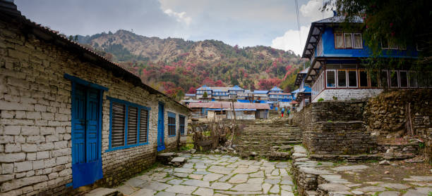 houses seen on the annapurna sanctuary trek to annapurna base camp - nepal landscape hiking rice imagens e fotografias de stock