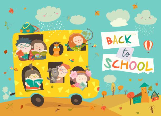 ilustrações de stock, clip art, desenhos animados e ícones de children on the way to school - bus school bus education cartoon