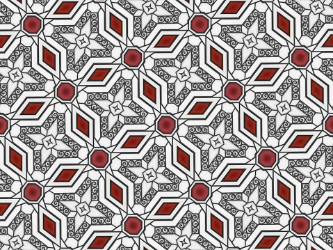 Elegant geometric pattern with crimson rhombus abstract spiral shapes and stars.