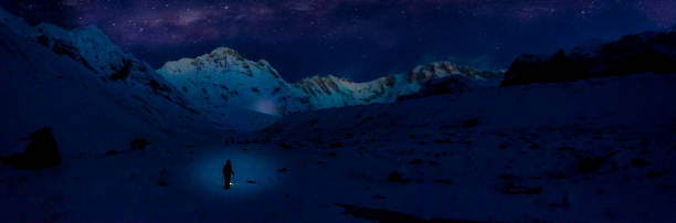 istock Night sky on  snow and mountain Range Landscape with Blue Sky from Annapurna range, Nepal Himalayas.travel concept and camping 994435118