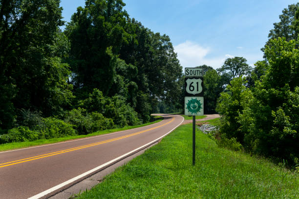 A Great River Road Sign along the US Route 61 near the city of Vicksburg, in the State of Mississippi stock photo