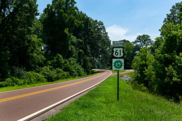 A Great River Road Sign along the US Route 61 near the city of Vicksburg, in the State of Mississippi; Concept for travel in America and road trip in America
