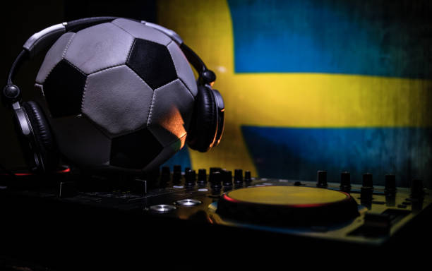 soccer club party concept. close up view of dj deck with selective focus. useful as club poster. - club soccer fotos imagens e fotografias de stock