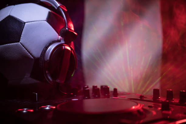 soccer 2018 club party concept. close up view of dj deck with selective focus. useful as club poster. - club soccer fotos imagens e fotografias de stock