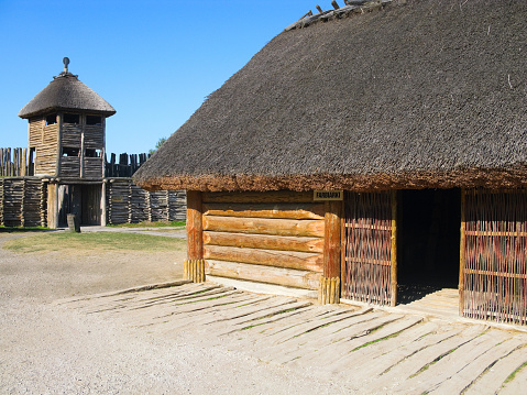 Biskupin, Kuyavian-Pomeranian province, Poland. Archaeological open-air museum Biskupin, partly reconstructed iron age settlement (738/737 B.C) of the Lusatian culture.