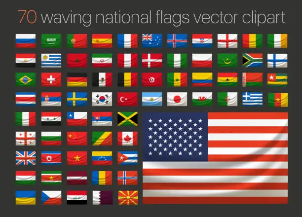 Vector illustration of 70 waving national flags vector clipart. Layered illustration