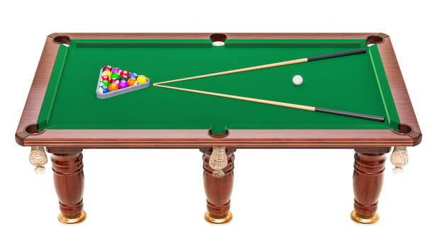 istock Billiard table with balls and cue, 3D rendering isolated on white background 994470714