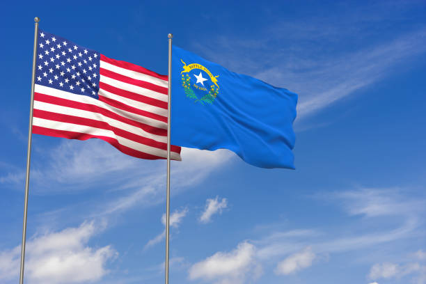 istock USA and Nevada flags over blue sky background. 3D illustration 994476384