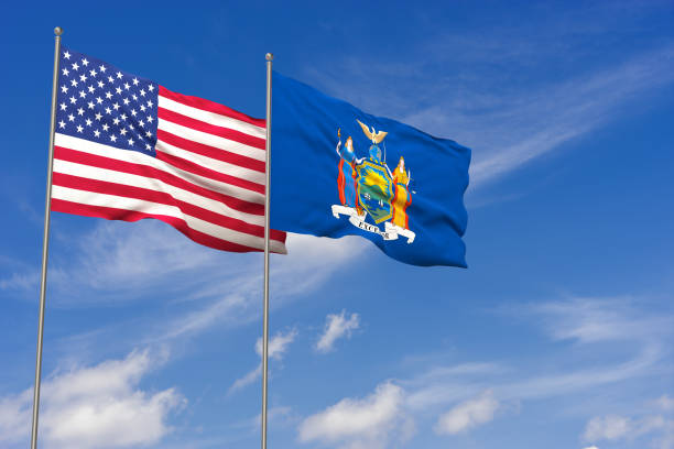 USA and New York flags over blue sky background. 3D illustration stock photo