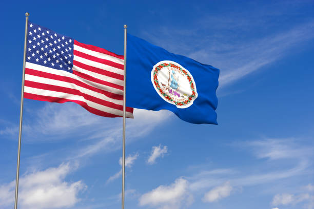 istock USA and Virginia flags over blue sky background. 3D illustration 994476422