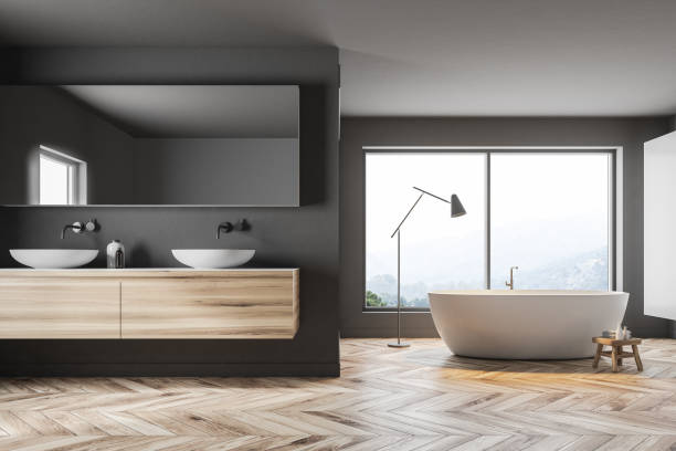istock Gray panoramic bathroom sink and tub 994481874