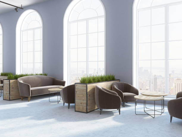 istock Eco style hotel restaurant, brown armchairs sofas 994482356