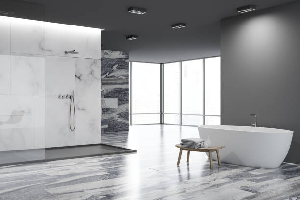 istock White and black bathroom corner, white tub 994485030