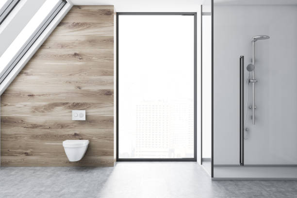 istock Loft wooden shower in bathroom interior 994492036
